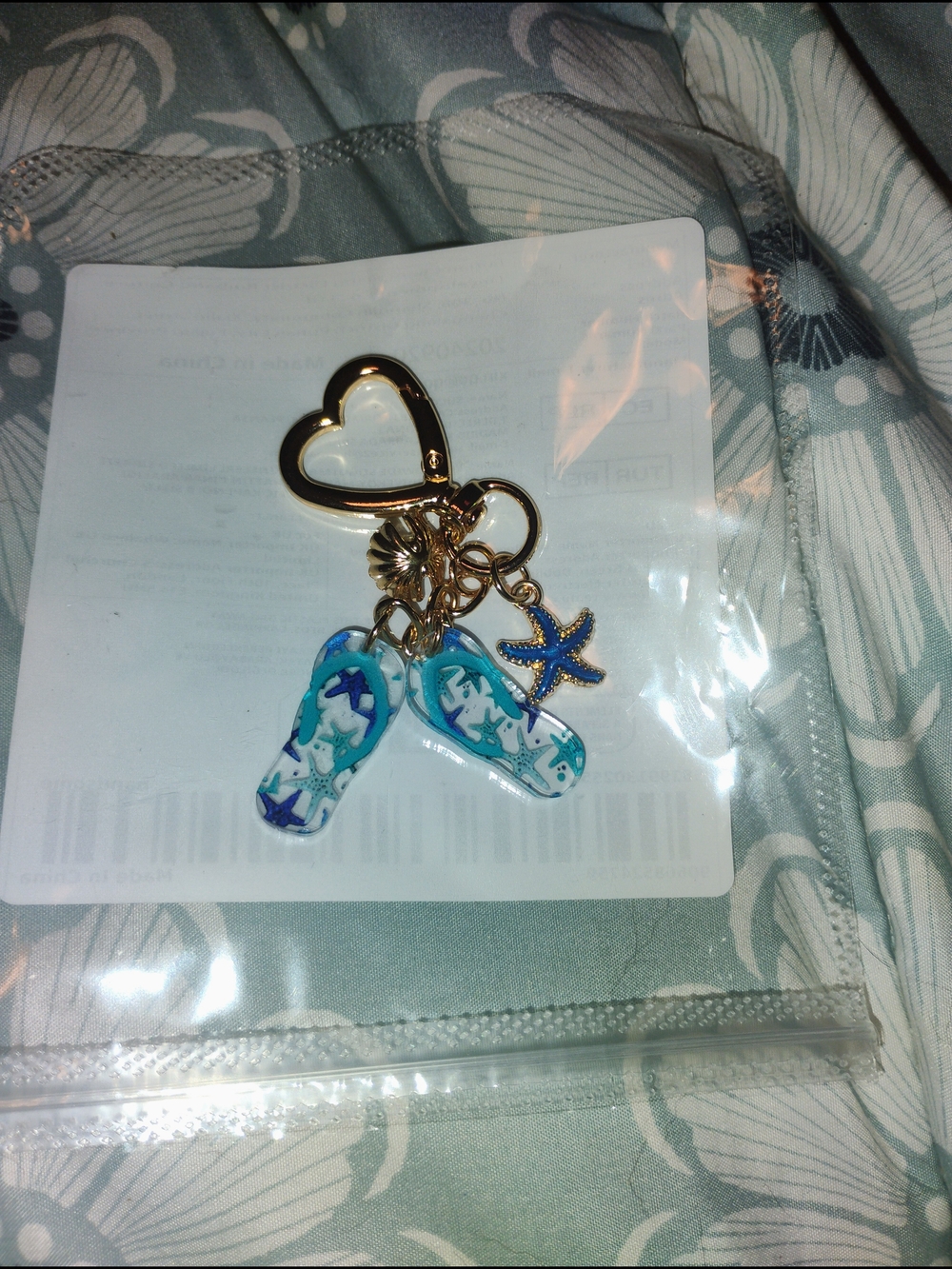 Gold Heart Keyring with Blue Flip-Flop & Starfish Charms